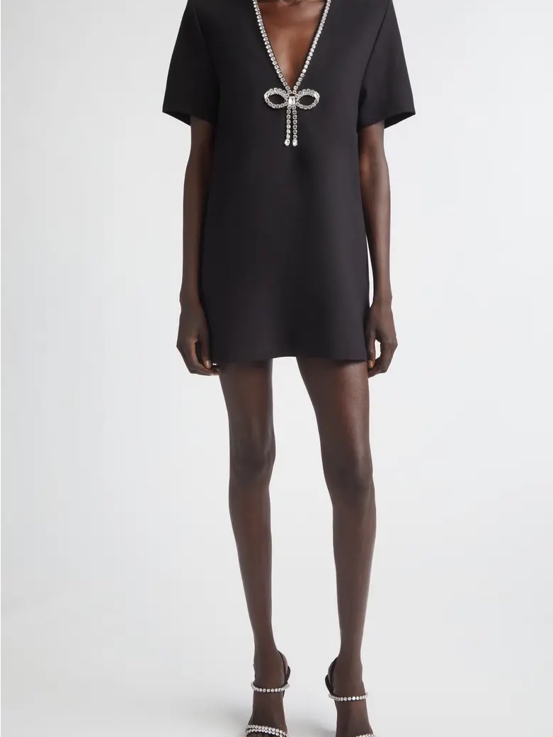 Area Black Mini Dress With Crystal Bow Necklace
